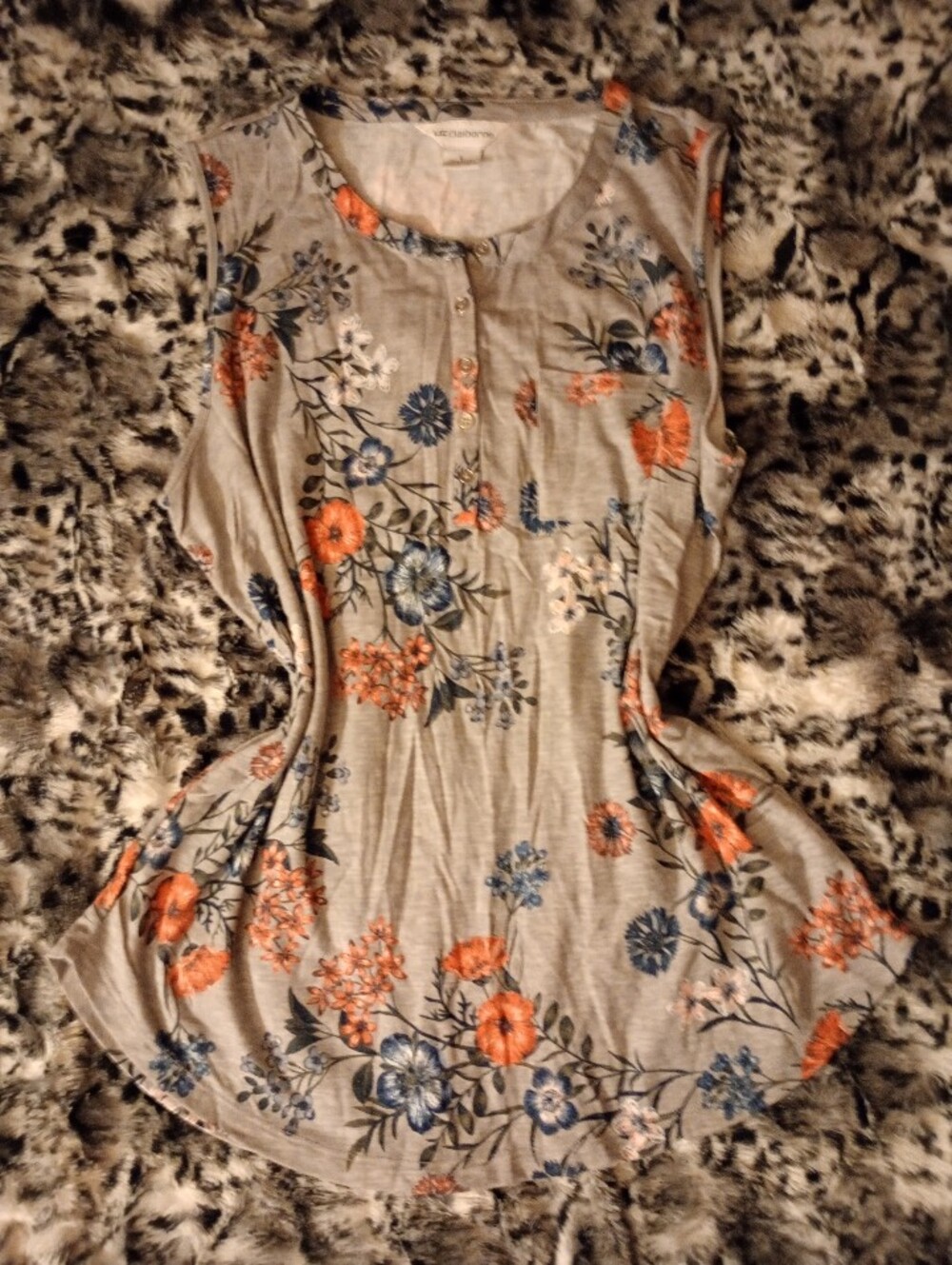 Retro Floral Henley Tank Top - Gray with Orange & Blue Flowers